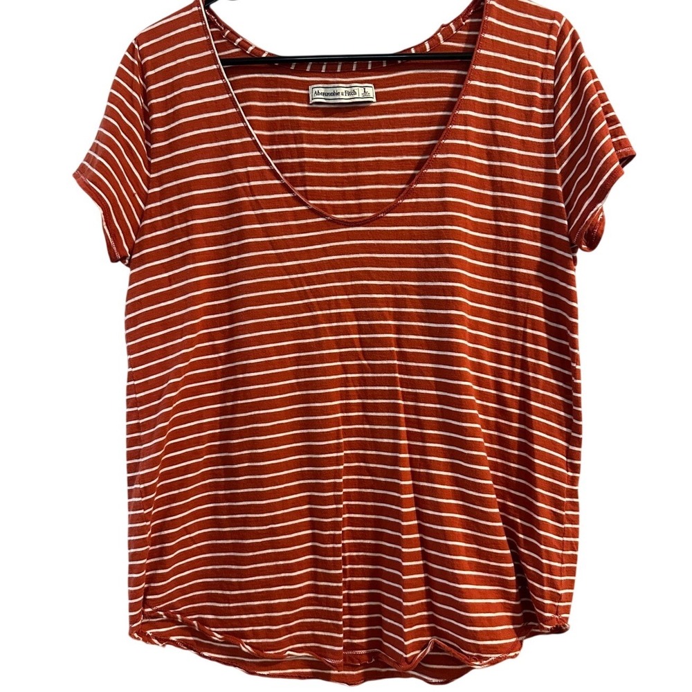 Abercrombie & Fitch Womens Burnt Orange White Striped Scoop Neck T-Shirt Large